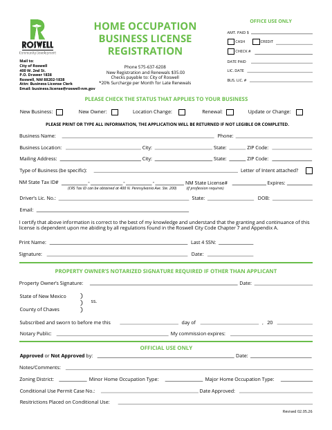 First page of the Home Occupation Business License Registration