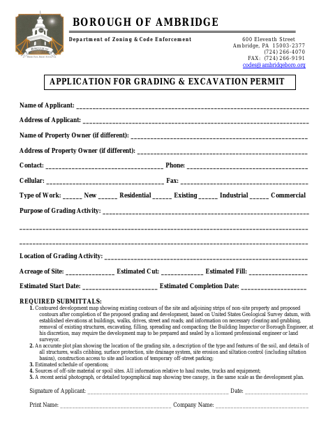 First page of the Application for Grading & Excavation Permit
