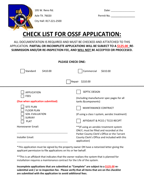 First page of the Application for On-Site Sewage Facility (OSSF)