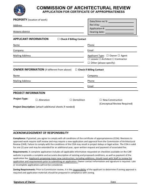 First page of the Application for Certificate of Appropriateness