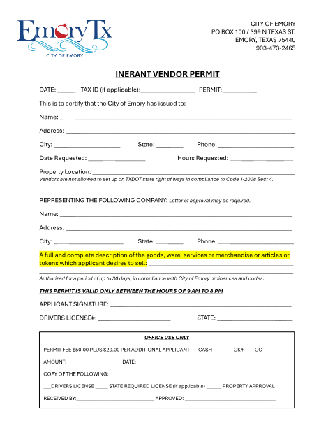 First page of the Itinerant Vendor Permit