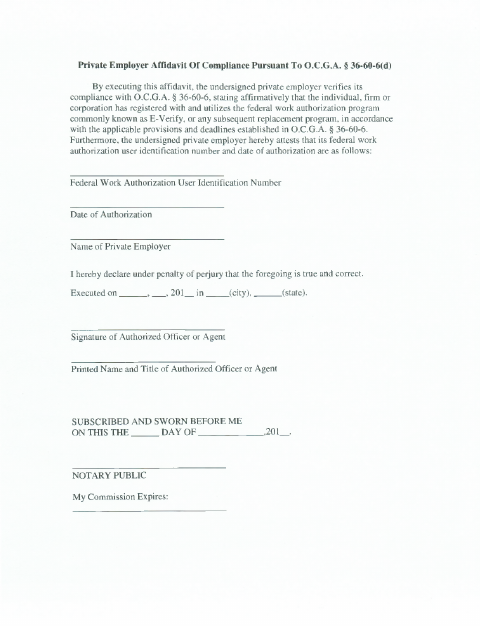 First page of the Private Employer Compliance And Exemption Affidavit