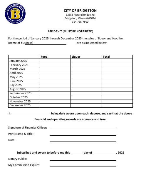 First page of the Liquor License Sales Affidavit and Agreement