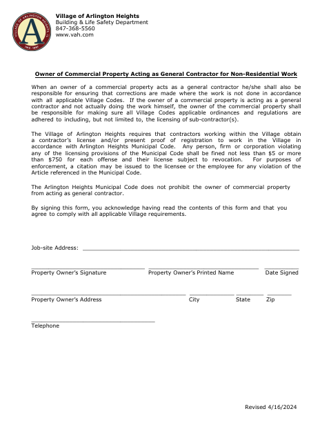 First page of the Owner of Commercial Property Acting as General Contractor for Non-Residential Work