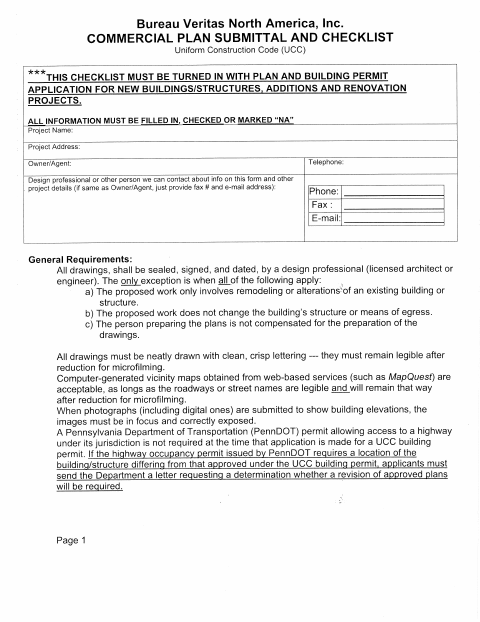 First page of the Commercial Plan Submittal and Checklist