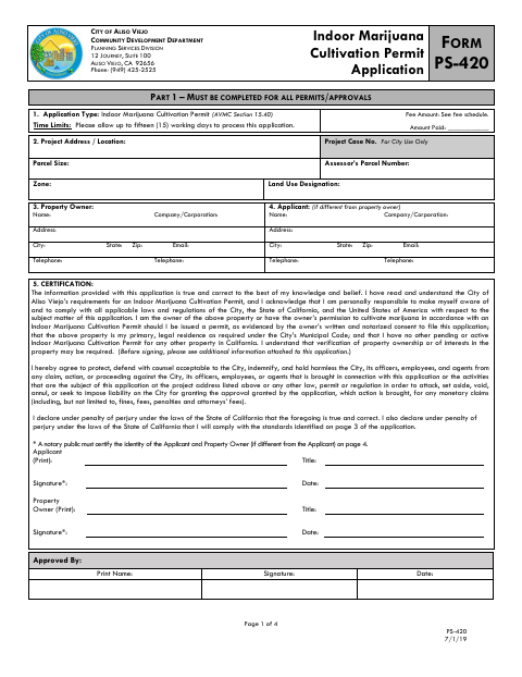 First page of the Indoor Marijuana Cultivation Permit Application