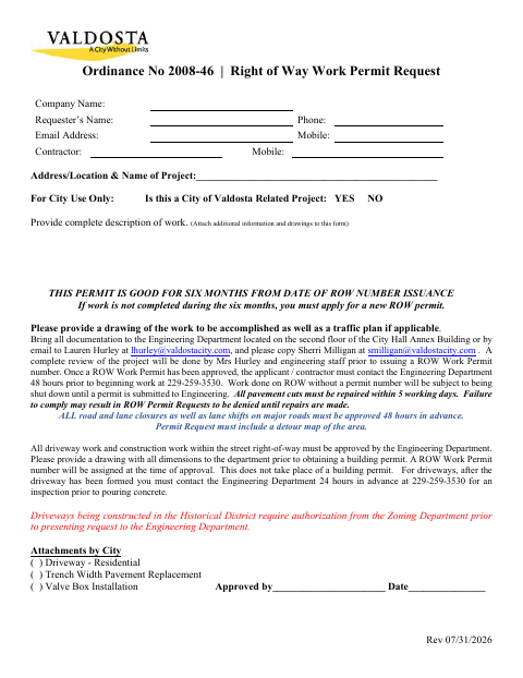 First page of the Right of Way Work Permit Request