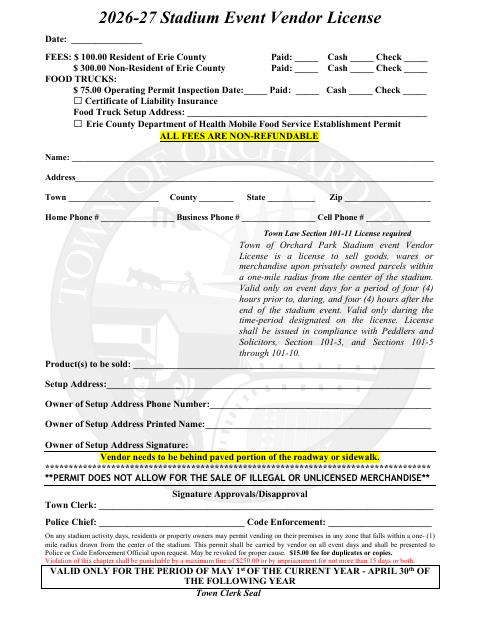 First page of the Stadium Event Vendor License Application