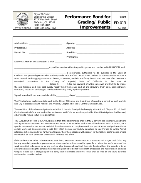 First page of the Performance Bond for Grading and Public Improvements
