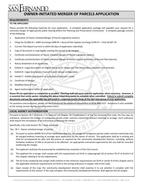 First page of the Owner-Initiated Merger of Parcels Application