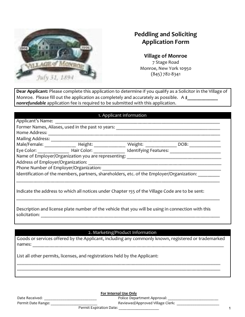First page of the Peddling and Soliciting Permit Application
