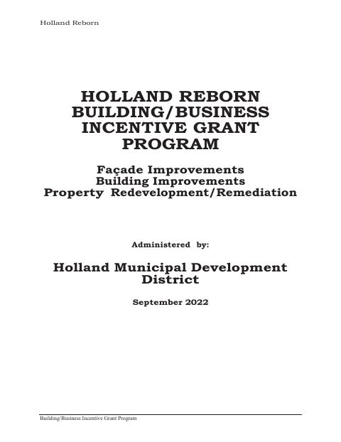 First page of the Holland Reborn Building/Business Incentive Grant Program