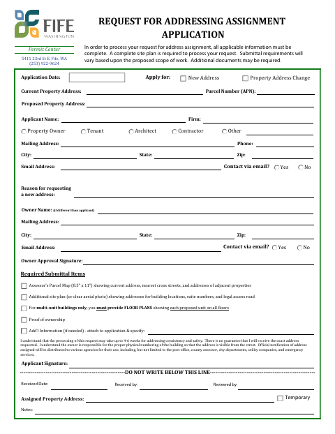 First page of the Request for Addressing Assignment Application