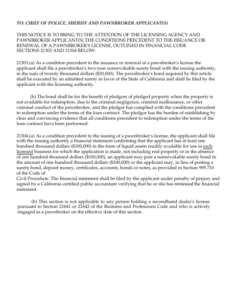 First page of the Secondhand Dealer or Pawnbroker License Application