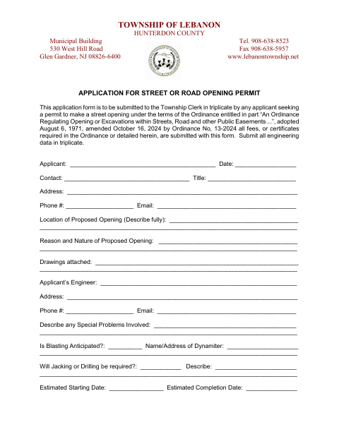 First page of the Application for Street or Road Opening Permit