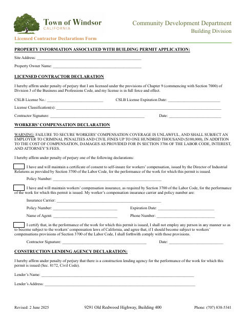 First page of the Licensed Contractor Declarations Form