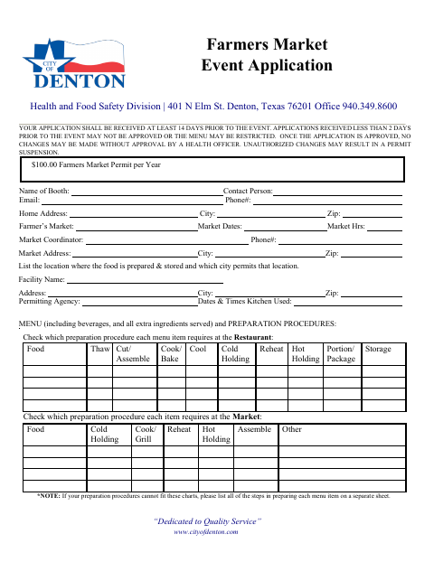 First page of the Farmers Market Event Application