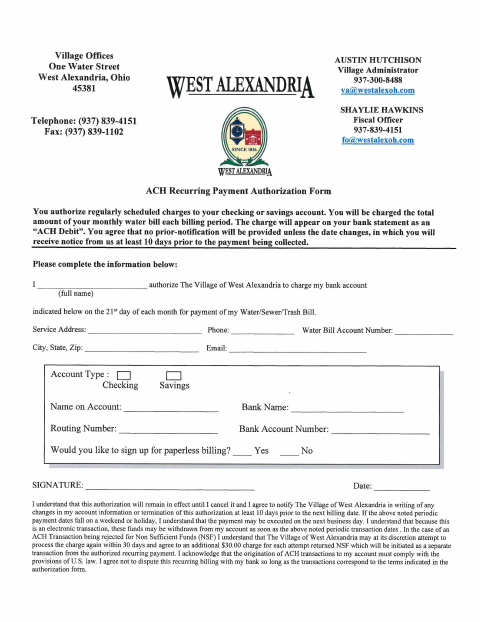 First page of the Recurring Payment Authorization Form