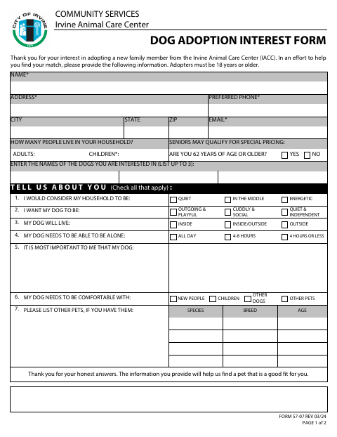 First page of the Dog Adoption Interest Form