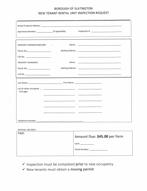 First page of the New Tenant Rental Unit Inspection Request