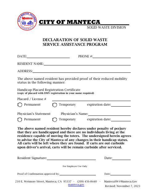 First page of the Declaration of Solid Waste Service Assistance Program