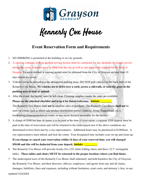 First page of the Kennerly Cox House Event Reservation Form and Requirements