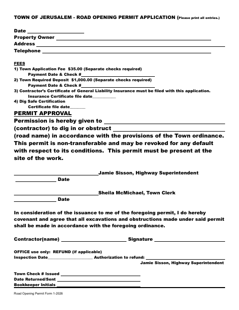 First page of the Road Opening Permit Application