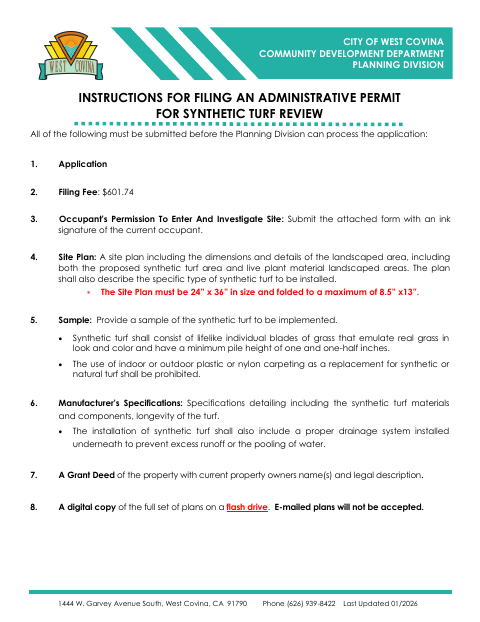 First page of the Administrative Permit Application for Synthetic Turf