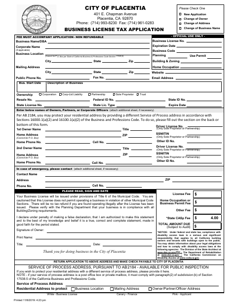 First page of the Business License Tax Application