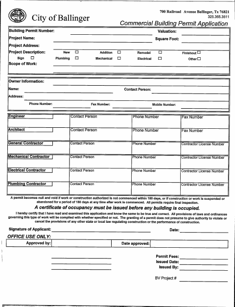 First page of the Commercial Building Permit Application