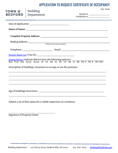 First page of the Application to Request Certificate of Occupancy