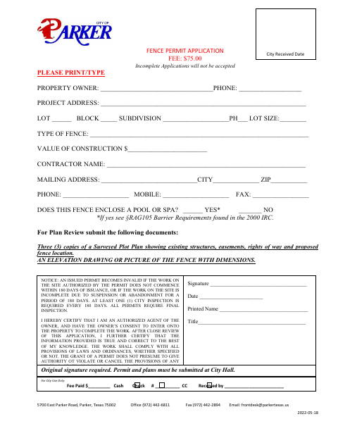 First page of the Fence Permit Application