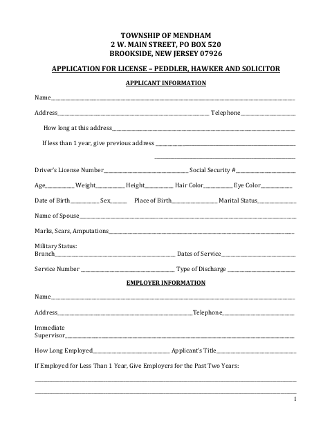 First page of the Application for License – Peddler, Hawker and Solicitor