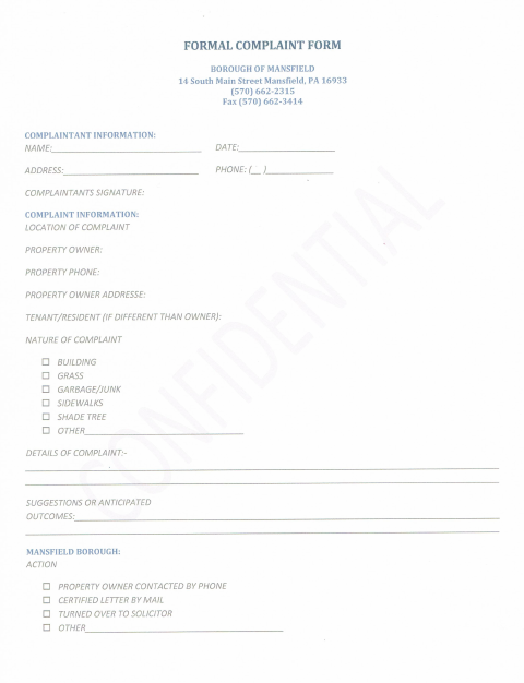 First page of the Borough Complaint Form
