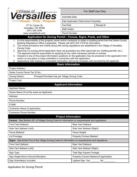 First page of the Zoning Permit Application for Fences, Signs, Pools, and Other