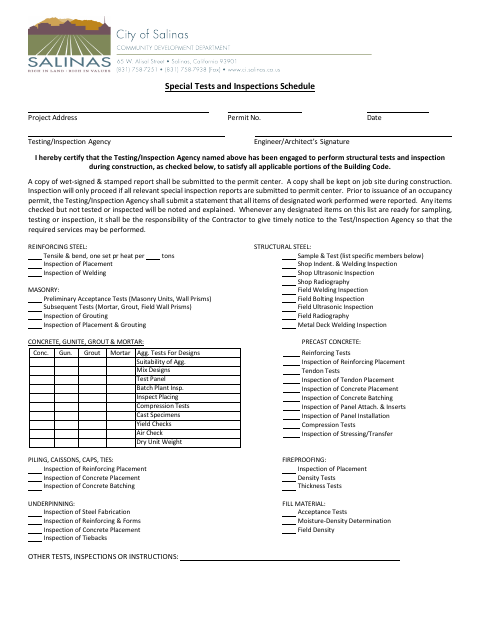 First page of the Special Tests and Inspections Schedule