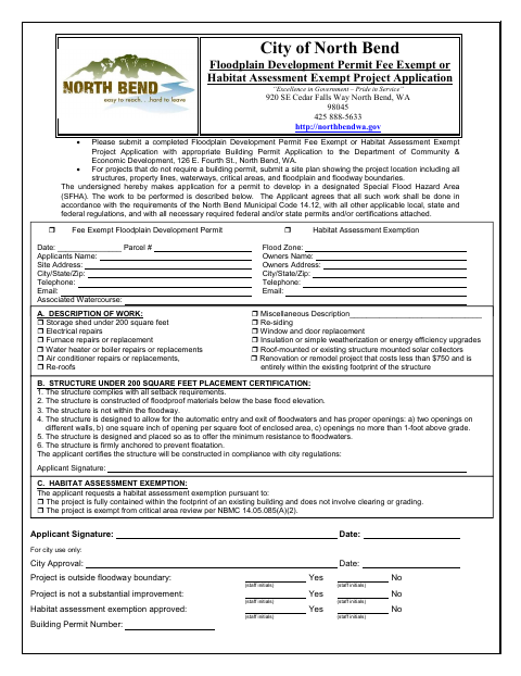 First page of the Floodplain Development Permit Fee Exempt or Habitat Assessment Exempt Project Application