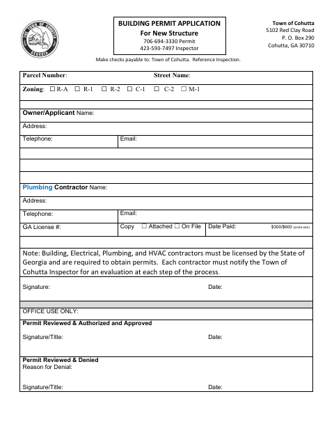 First page of the Building Permit Application for New Structure