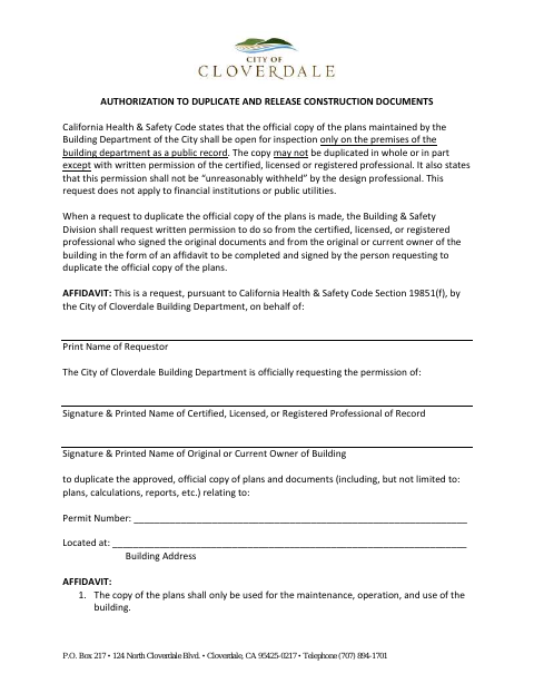 First page of the Authorization to Duplicate and Release Construction Documents
