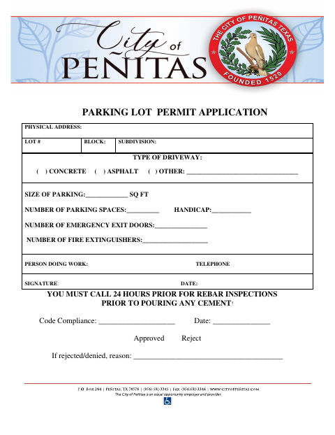 First page of the Parking Lot Permit Application