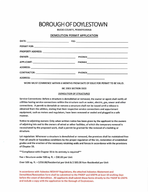 First page of the Demolition Permit Application
