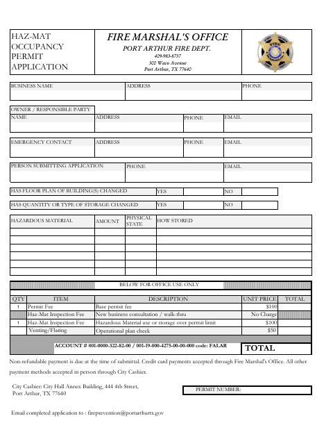 First page of the Haz-Mat Occupancy Permit Application
