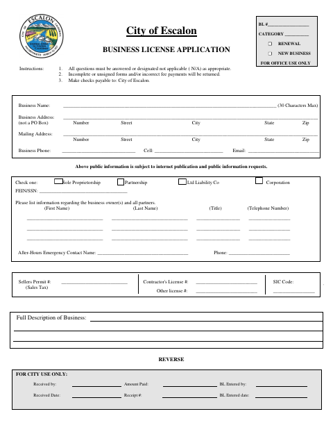 First page of the Business License Application
