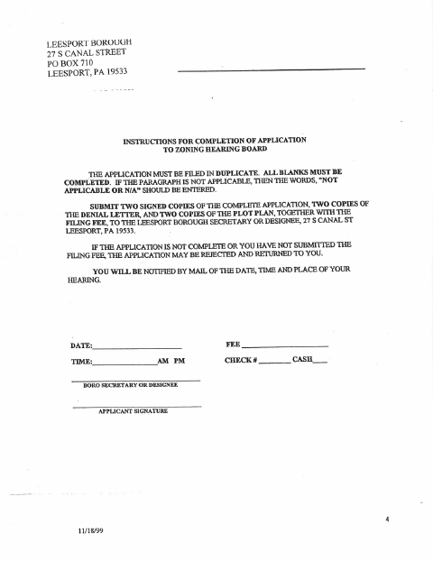 First page of the Zoning Hearing Application