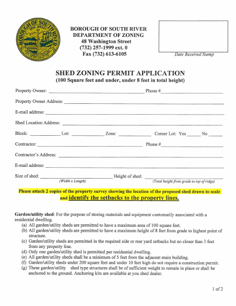 First page of the Shed Zoning Permit Application