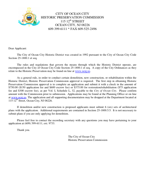 First page of the Historic Preservation Commission Application