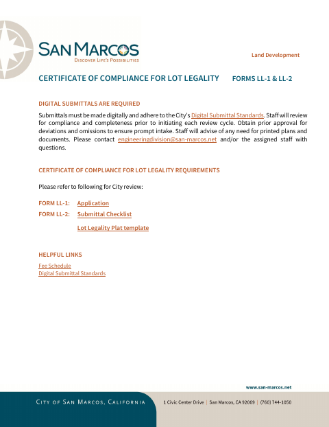 First page of the Certificate of Compliance for Lot Legality Forms LL-1 and LL-2