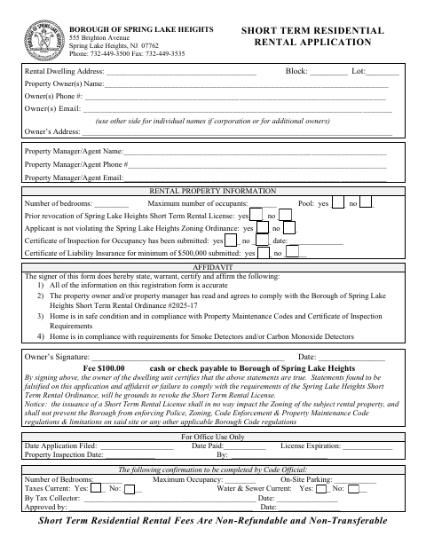 First page of the Short Term Residential Rental Application