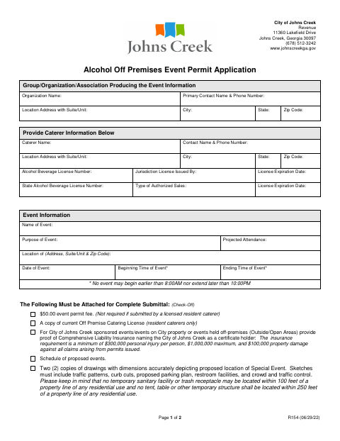 First page of the Alcohol Off Premises Event Permit Application