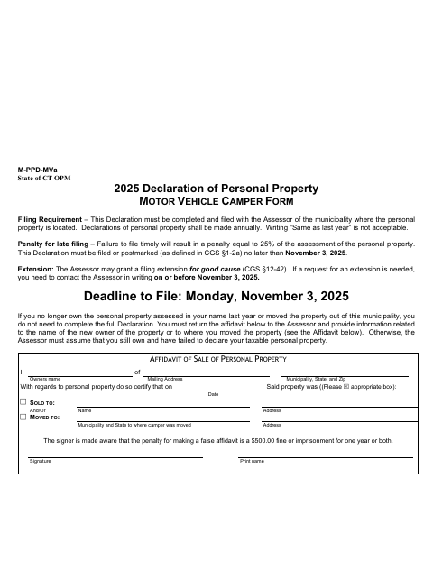 First page of the Motor Vehicle Camper Personal Property Declaration